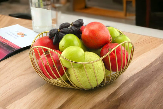 Rust & Shine Designer Iron Fruit Basket - Gold Finish | Durable and Elegant Storage Solution for Kitchen & Dining Table | Countertop Vegetable & Fruit Holder | Aesthetic Dining Decor - Pack Of 1