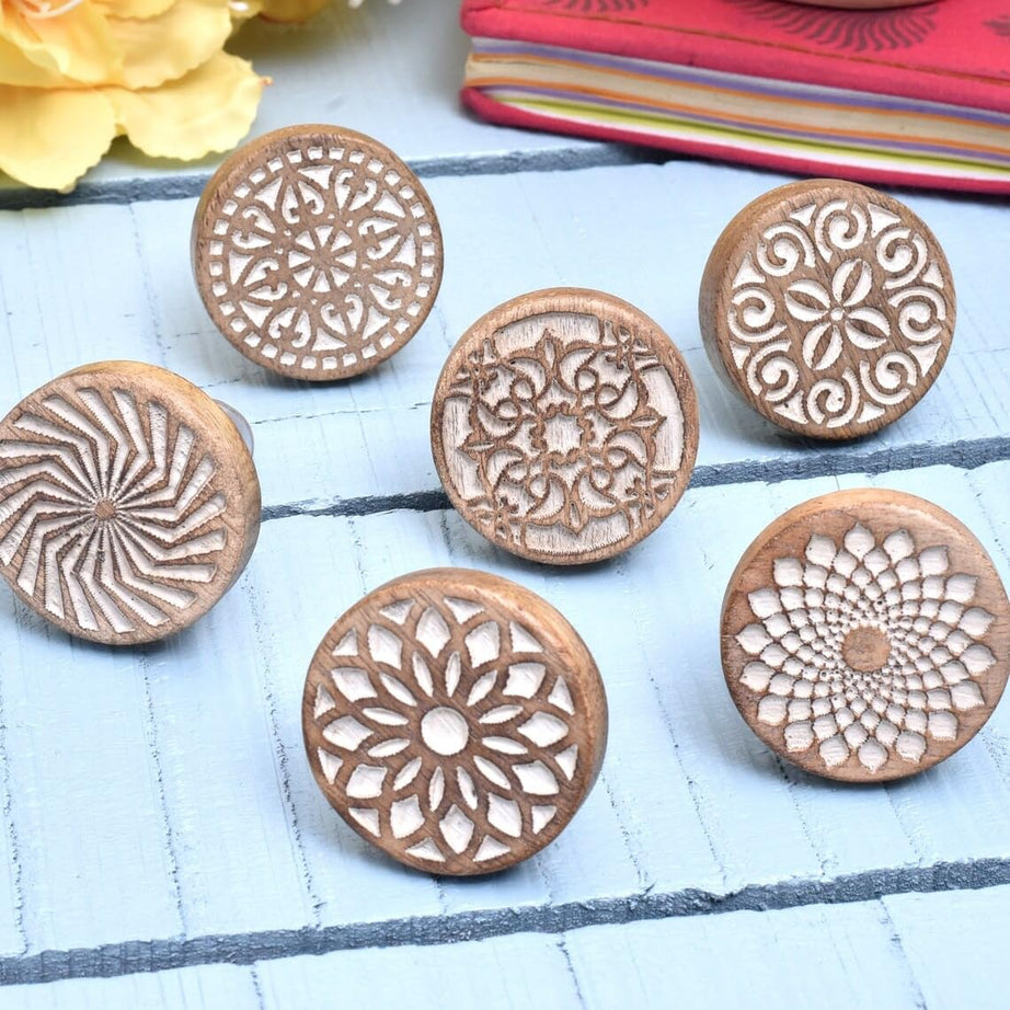 Indian-Shelf 6 Pieces Wooden Cabinet Knobs-Wooden Pulls-Boho Drawer Pulls-Round Knobs-Floral Knobs-Drawer Knobs-Dresser Drawer Knobs-Wooden Drawer Pulls-Wood Knobs