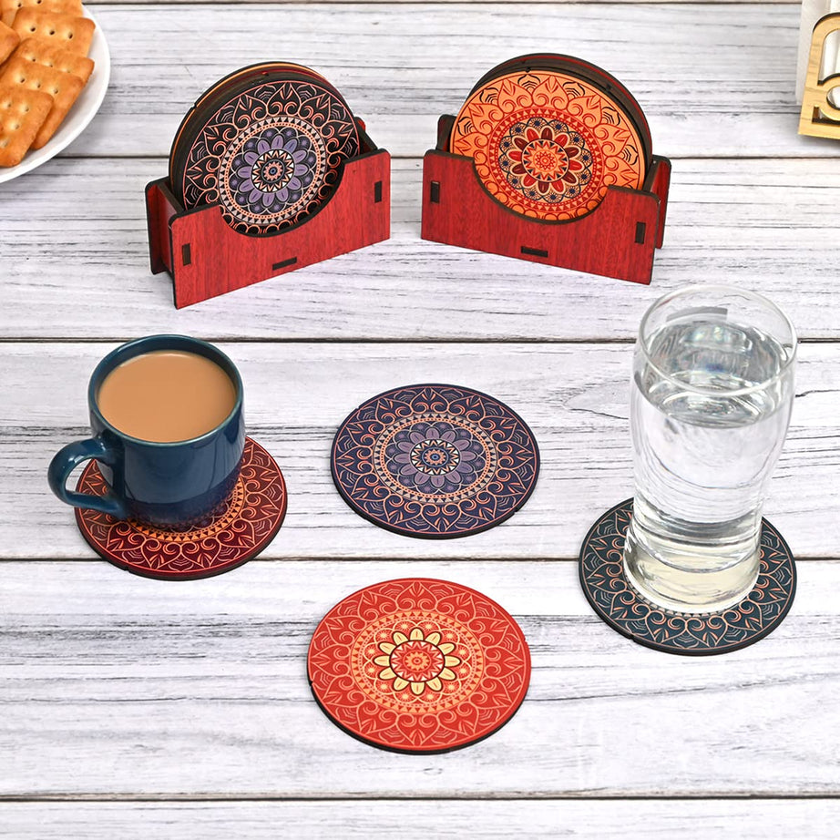 Gift Kya De Coaster Set Of 12 Wooden Coasters With Proper Coaster Stand Designer Coaster Set Fit For Tea Cups, Coffee Mugs And Glasses (2 Set Combo Pack, 12 Pc Round 3.5 X 3.5 Inch) Multi Color