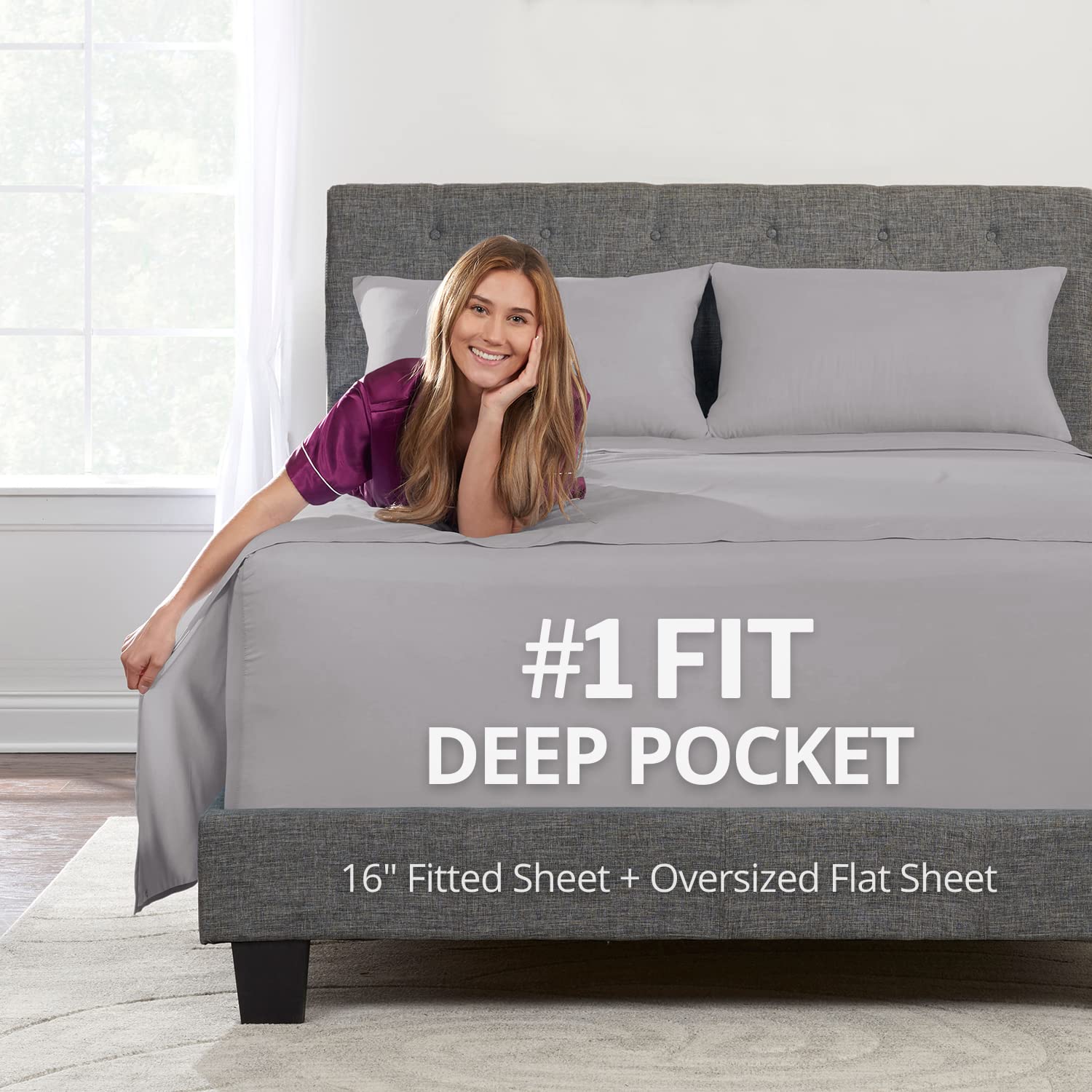 DeaLuxe Bed Sheets Set, Queen Deep Pocket, 4-Piece Bed Sheets & Pillowcases, Calm Grey, Zipper Closure