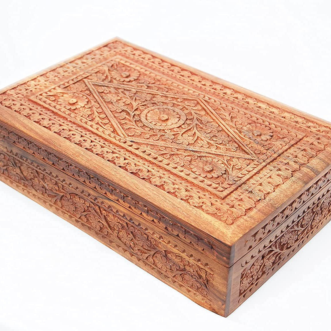 Woodiva Handmade Sheesham Wooden Storage Box Hand Carved Jewelry Box & Decorative Gift Box Antique (12x8x3) Inches