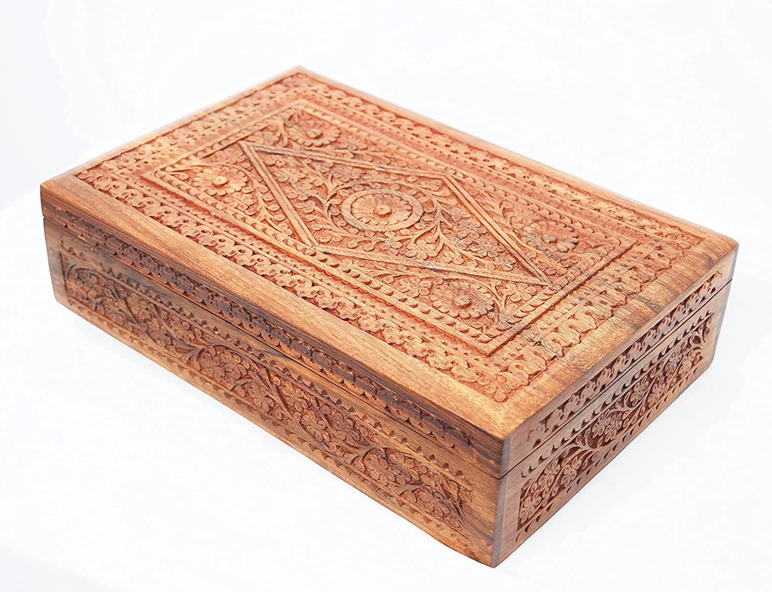 Woodiva Handmade Sheesham Wooden Storage Box Hand Carved Jewelry Box & Decorative Gift Box Antique (12x8x3) Inches