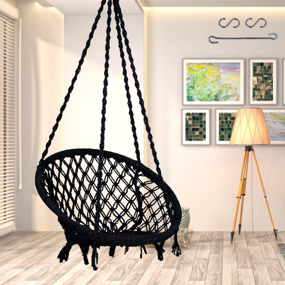 Patiofy Home Swing For Adults&Kids|Suitable For Living Room,Balcony&Outdoor|One Seater Capacity Upto 120 Kgs|Includes Free Hanging Accessories|Handmade Jhula With Premium Cotton Rope|Black,45 Cm