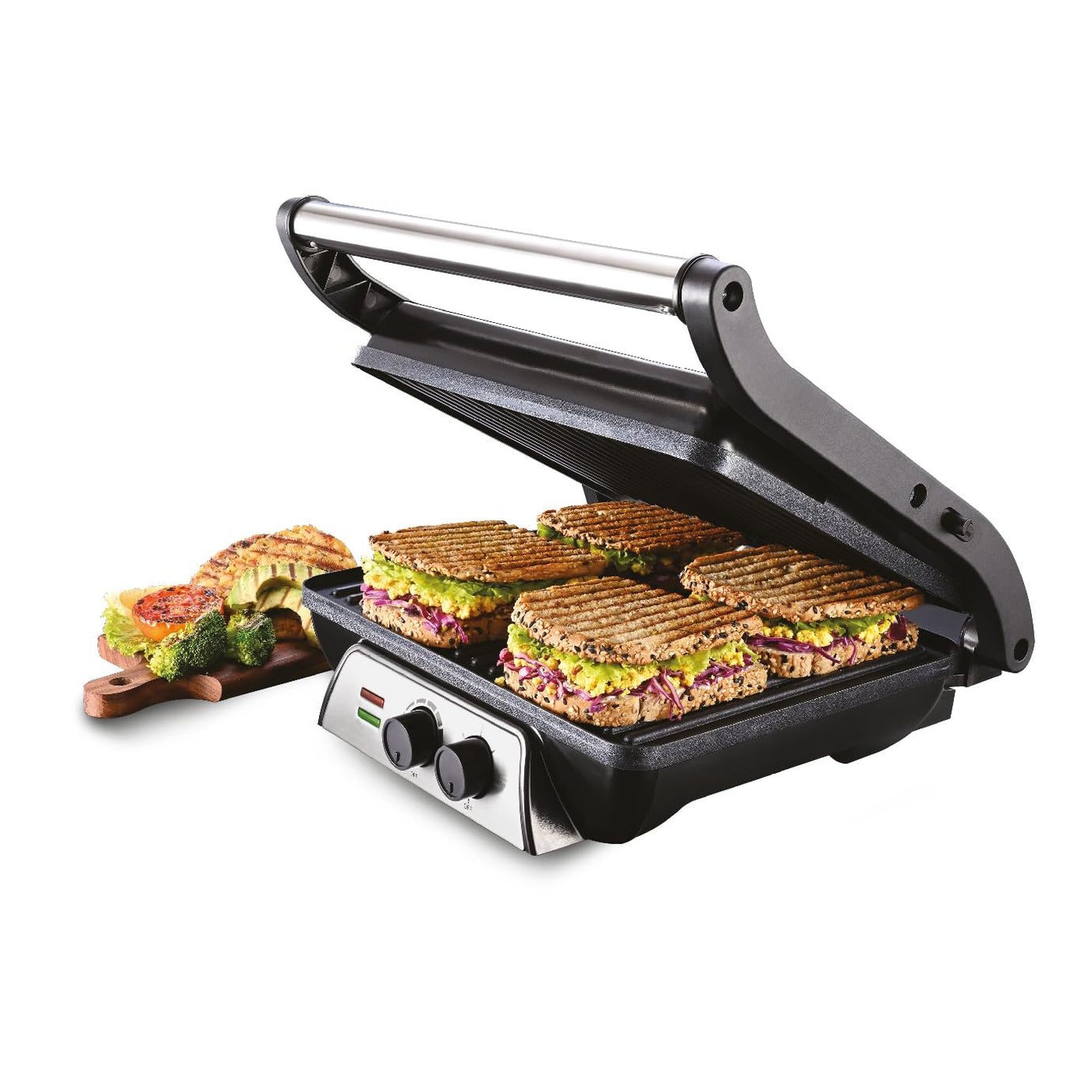 Usha iChef Sandwich Grill | 2000 Watt| Large 4 Slice Flat Bread Griller | 0-180° Flat Bed | Temperature and Timer Control | Auto Shut-off after Pre-Set time |2 Years Warranty (Stainless steel)