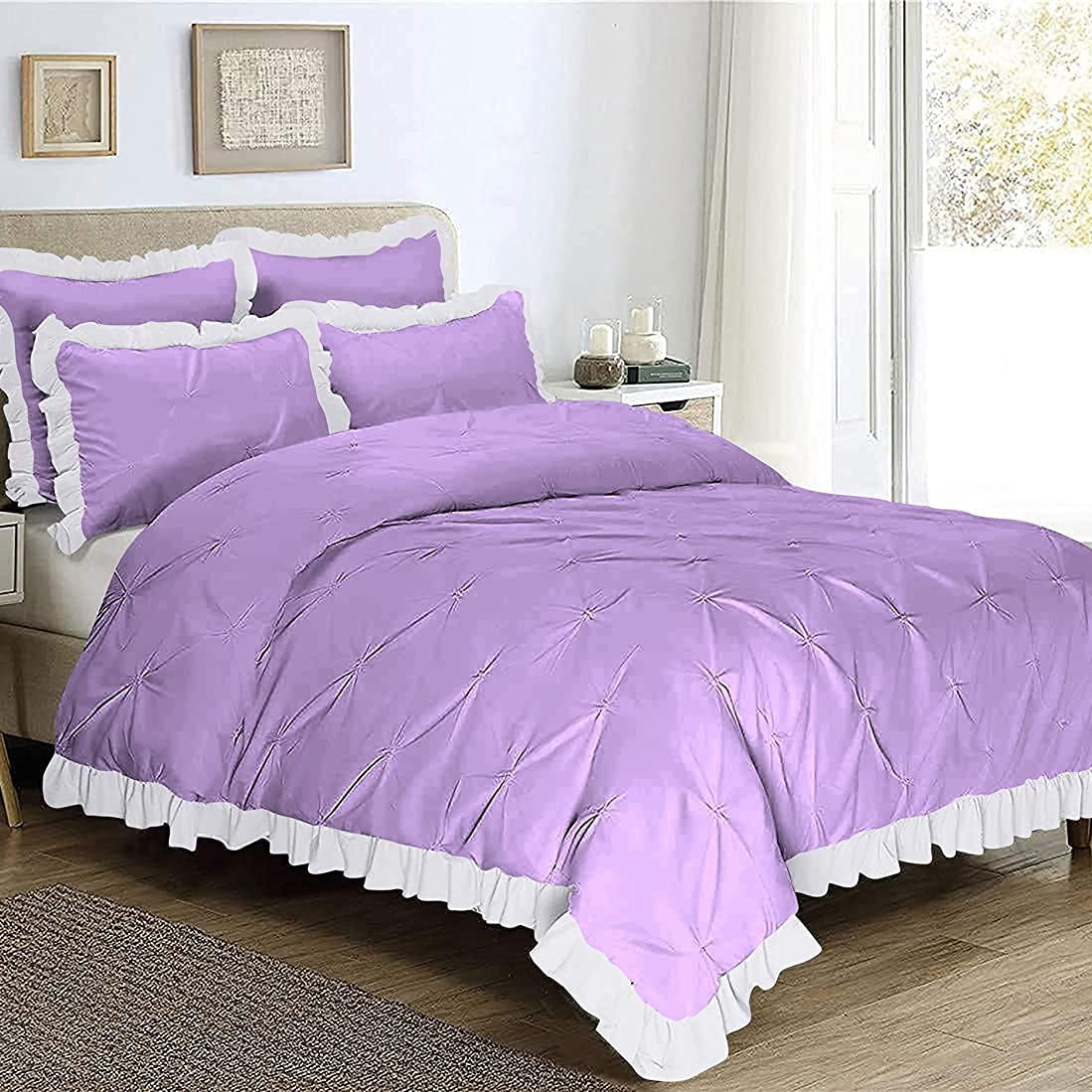 Bedding Begs 3PC Pinch Pleated Duvet (Rajai) Cover Set with White Border-Ruffles, 100% Cotton, Luxurious Pinch Blanket/Comforter Covers for Duvets & Rajai's - Lavender Solid, Queen Size.