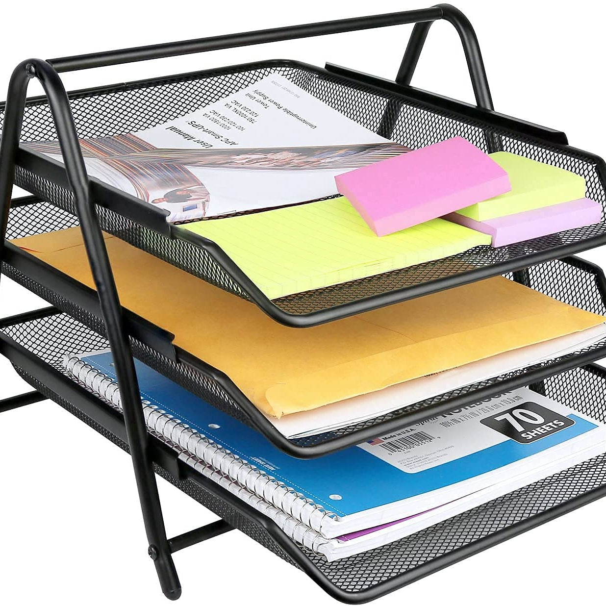 SOLDTRUE 3 Tier Document, File, Paper, Letter, Office, Desktop Tray Organizer 3 Desk File Tray, 3 Tier Metal Mesh A4 Files Documents Papers Folders Holder Desk Organizer (Black)