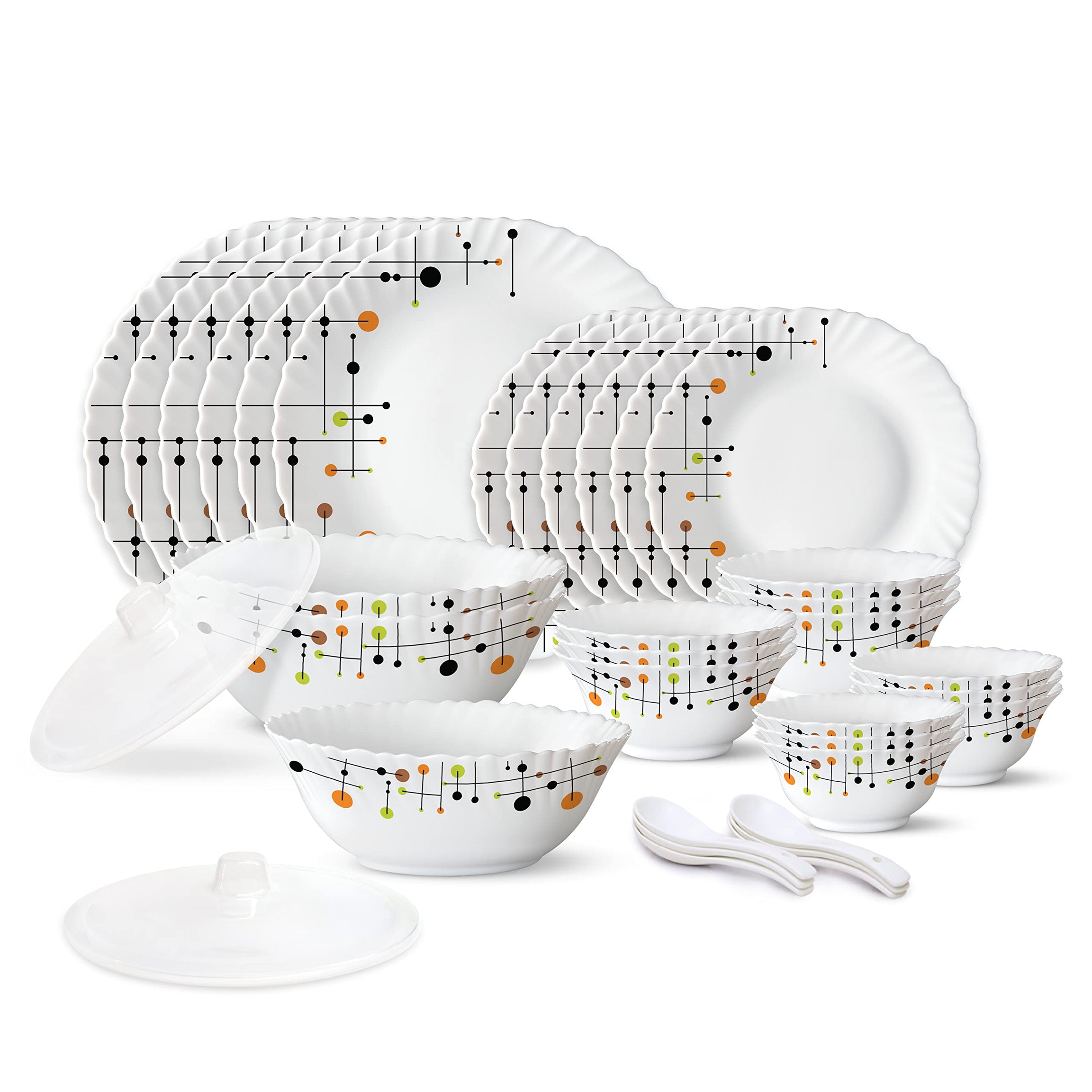 Larah by Borosil Matrix Silk Series Opalware Dinner Set | 35 Pieces for Family of 6 | Microwave & Dishwasher Safe | Bone-Ash Free | Crockery Set for Dining & Gifting | Plates & Bowls | White