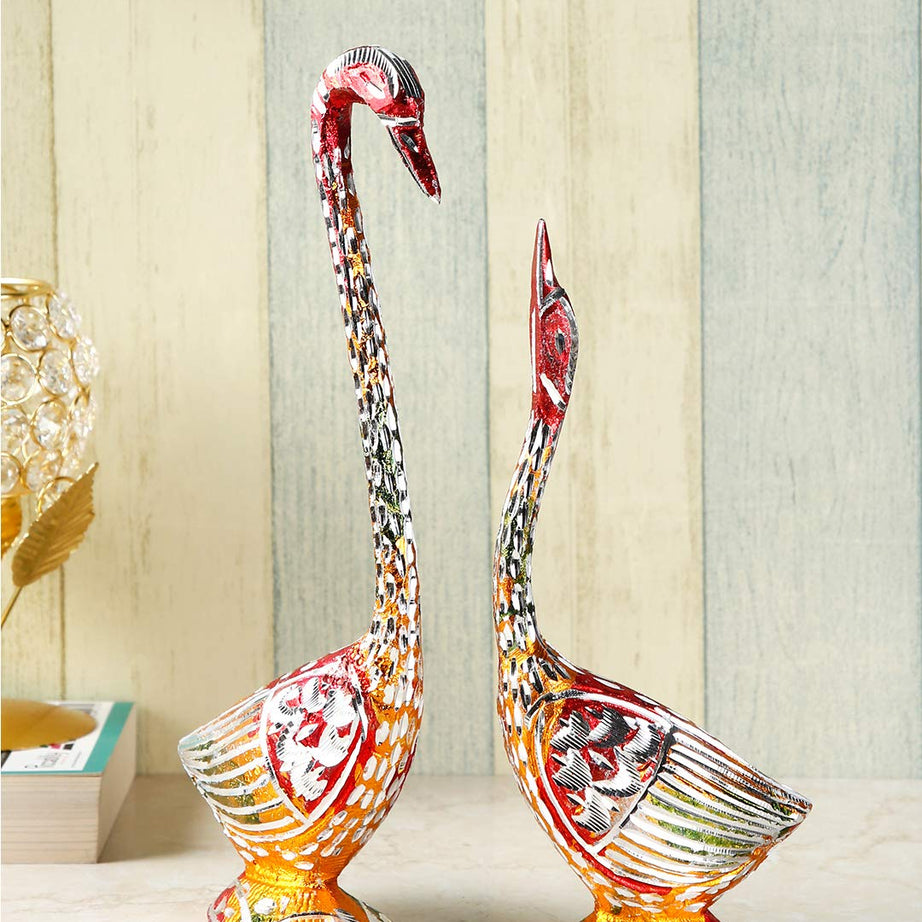 Collectible India Kissing Duck Swan Love Couple Bird Statues Set | White Metal Swan Love Birds Pair (Male - Female) | Romantic Feng Shui Idol Couple Wedding Gift & Home Decor