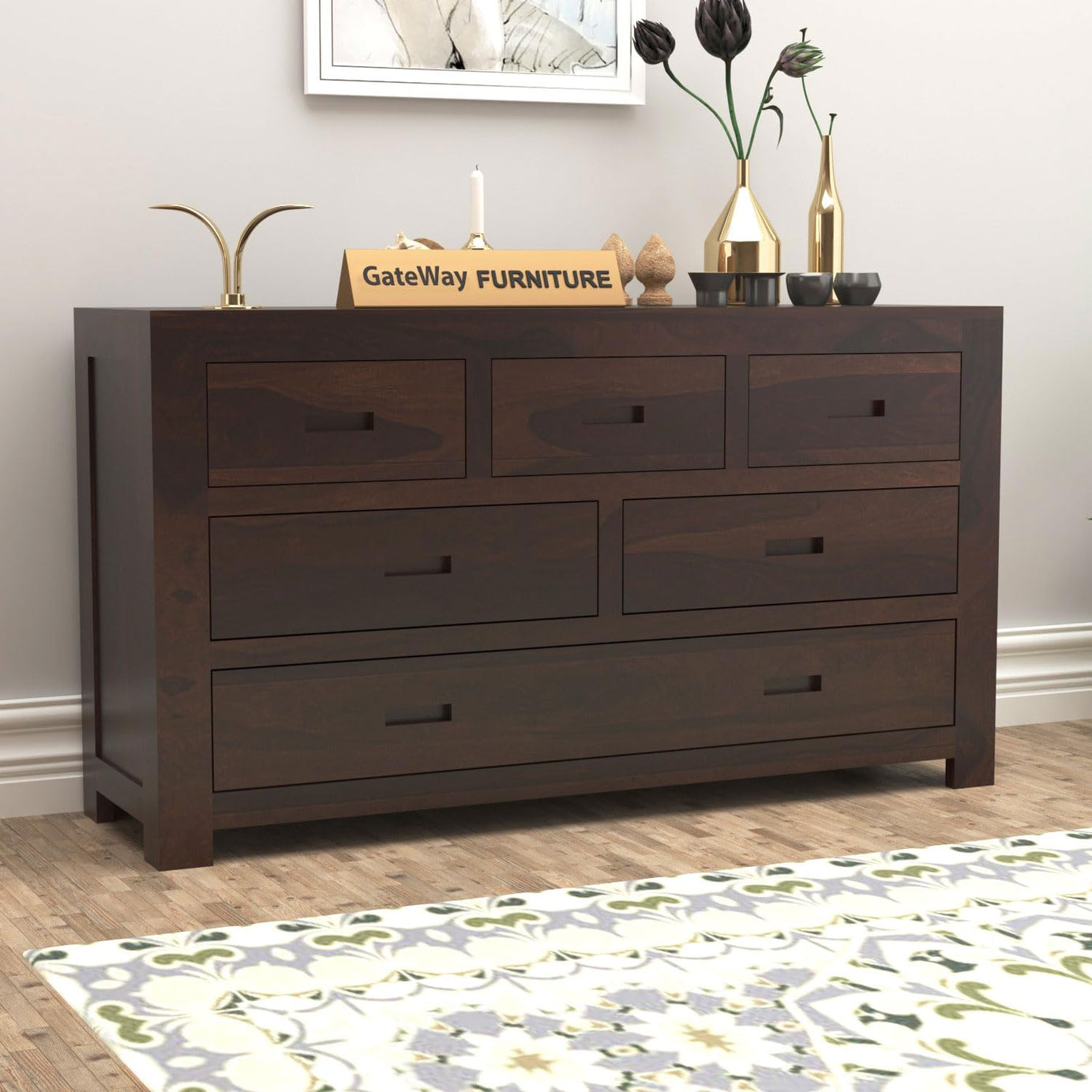 GateWay Furniture Sheesham Wood Chest of Drawers with 6 Spacious Drawers for Living Room Storage (Patrick, Walnut Finish)