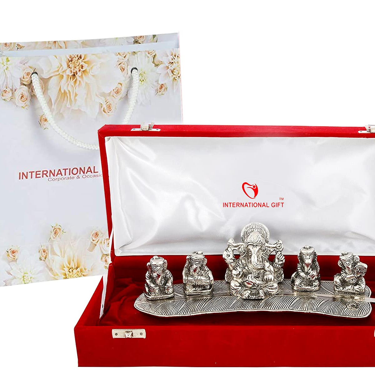 INTERNATIONAL GIFT Musical Ganesh with Red Velvet Box (Silver Musical Ganesh)