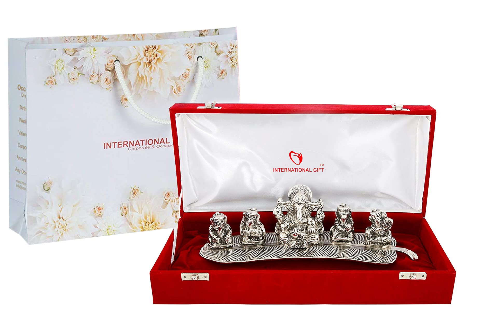 INTERNATIONAL GIFT Musical Ganesh with Red Velvet Box (Silver Musical Ganesh)