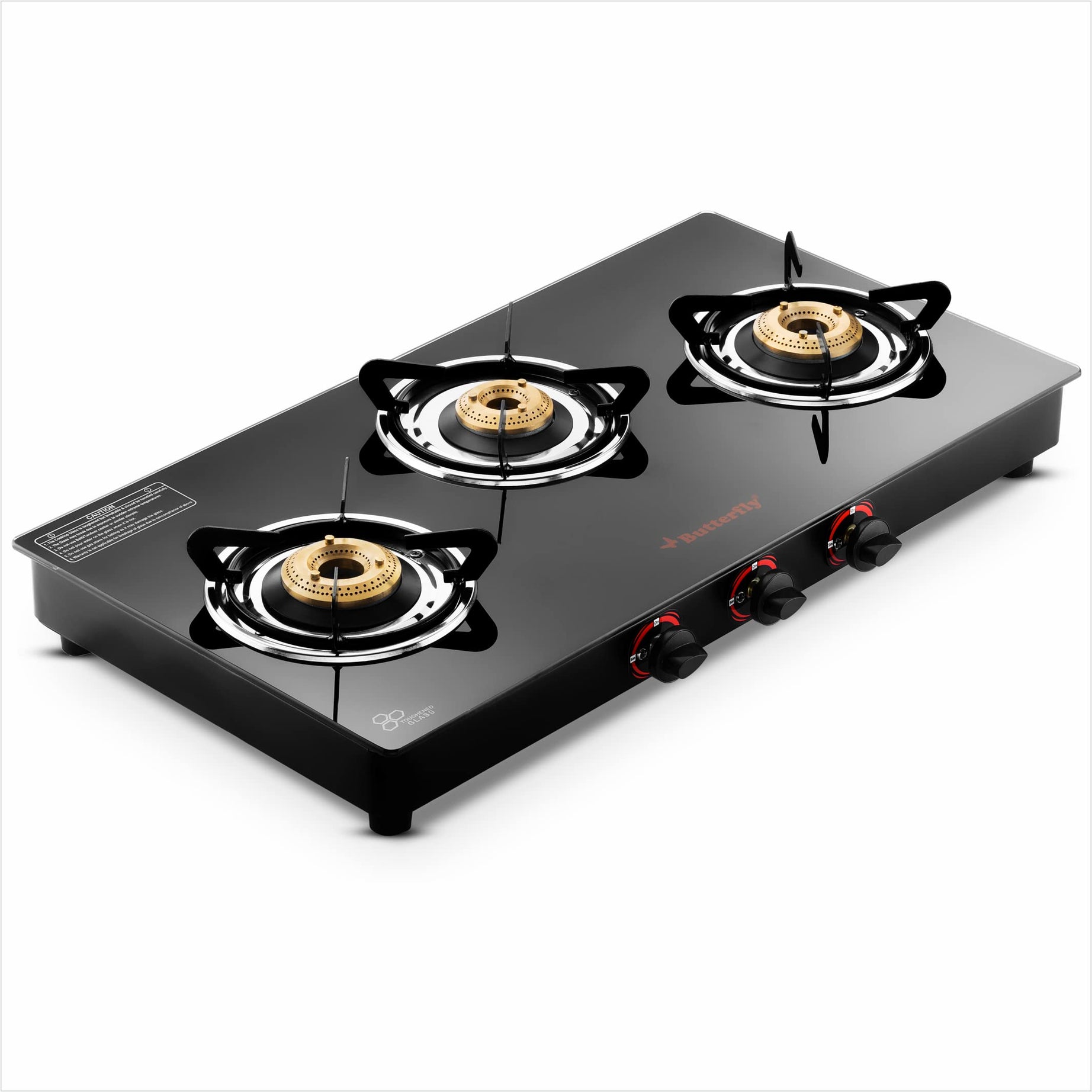 Butterfly Rapid 3 Burner Glass Top Gas Stove | Auto Ignition | Scratch Resistant Toughened Glass | Brass Burners | Skid-proof Legs | 1 Year Manufacturer's Warranty | Black