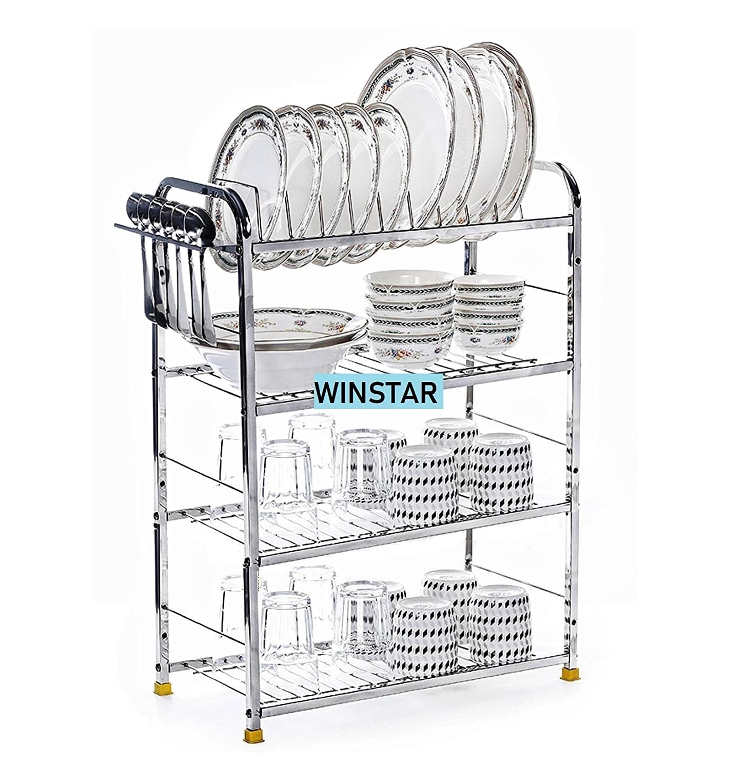 WINSTAR Stainless Steel 4 Shelf Wall Mount Kitchen Utensils Rack | Dish Rack with Plate & Cutlery Stand | Modular Kitchen Storage Rack | Kitchen Organizer (18x24 inches)