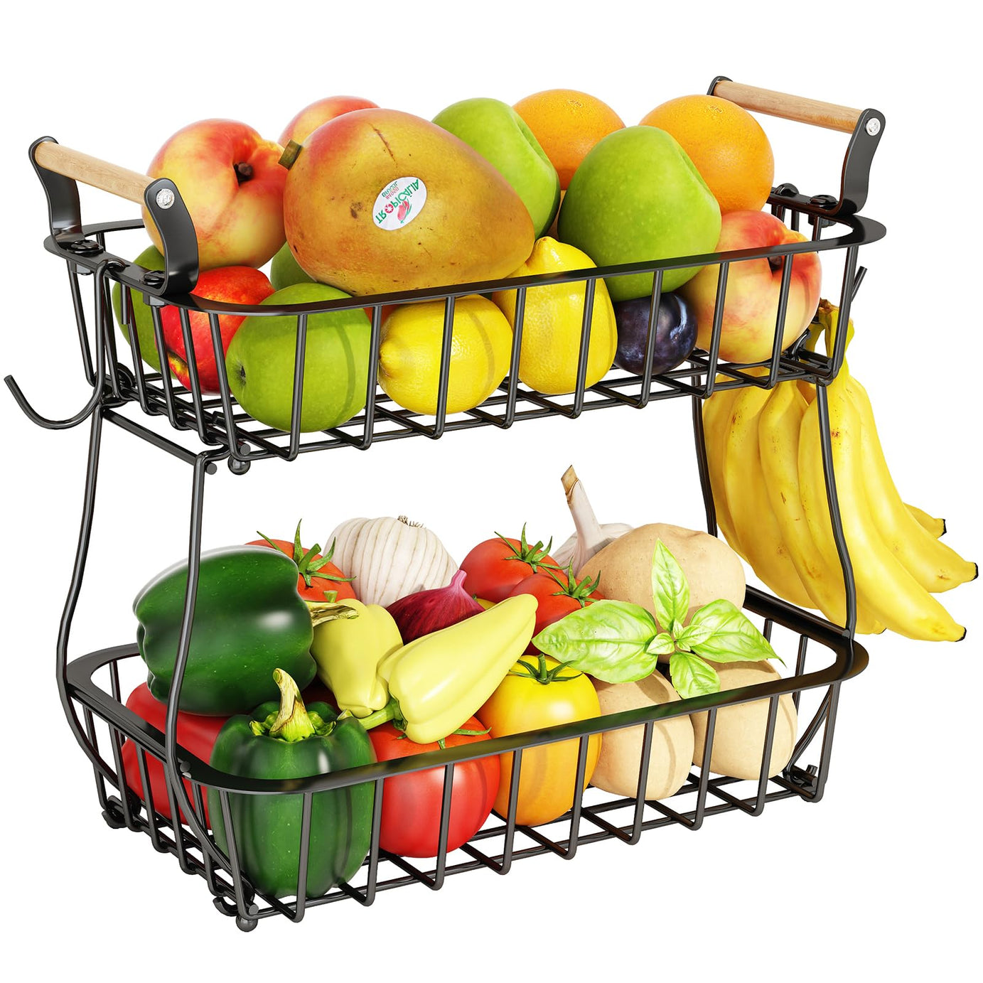 2 Tier Fruit Basket with Banana Hanger, Countertop Fruit Vegetable Basket Bowl for Kitchen Counter Metal Wire Storage Basket Fruits Stand Holder Organizer for Bread Snack Veggies Produce, Black