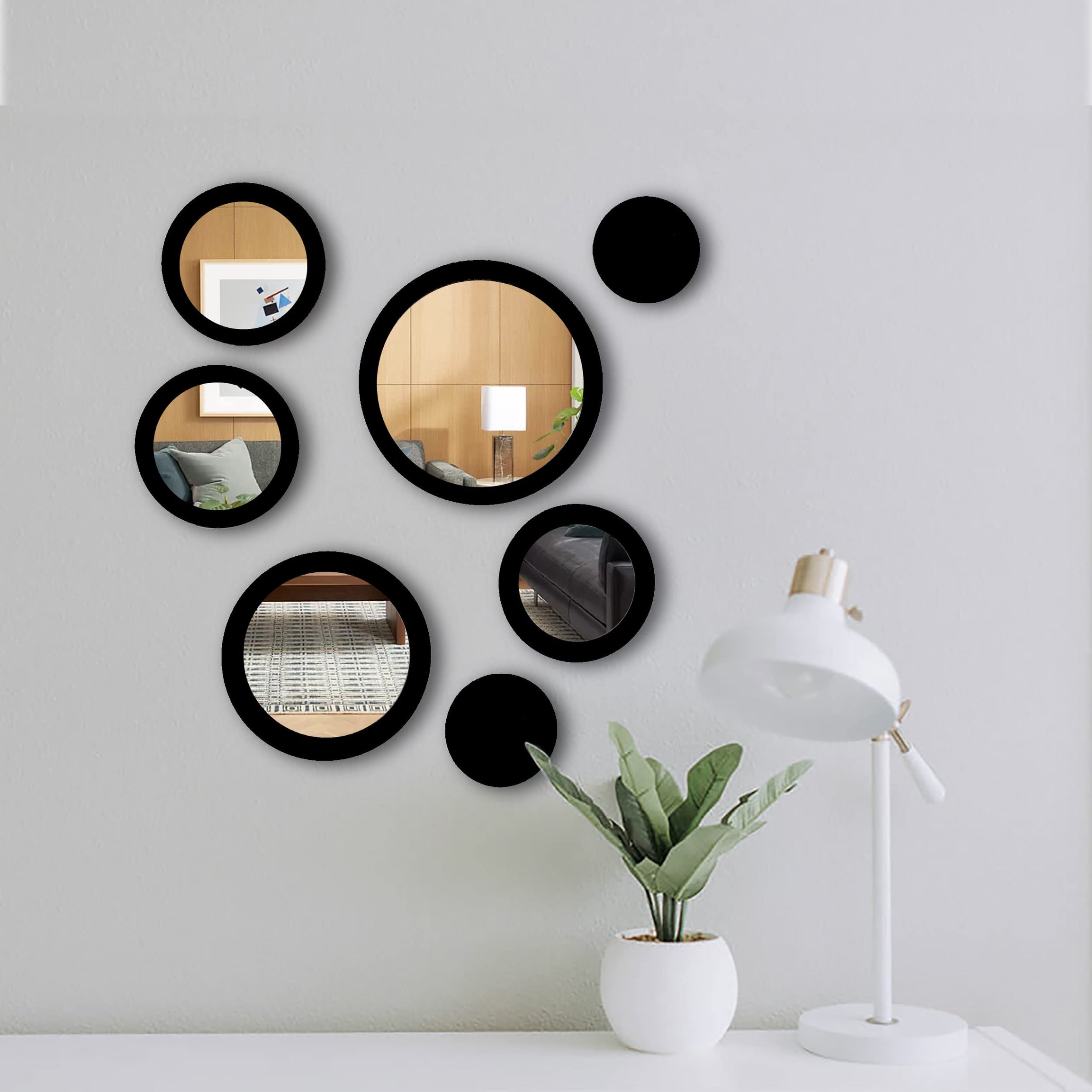 VAH- Kya Bat Hai !! Wall Art Round Black Frame Wall Mirror Sticker for Home, Styles Design Gift for Best Friend, Her, Him (5 Mirror Stickers & 2 MDF Sticker, Framed)