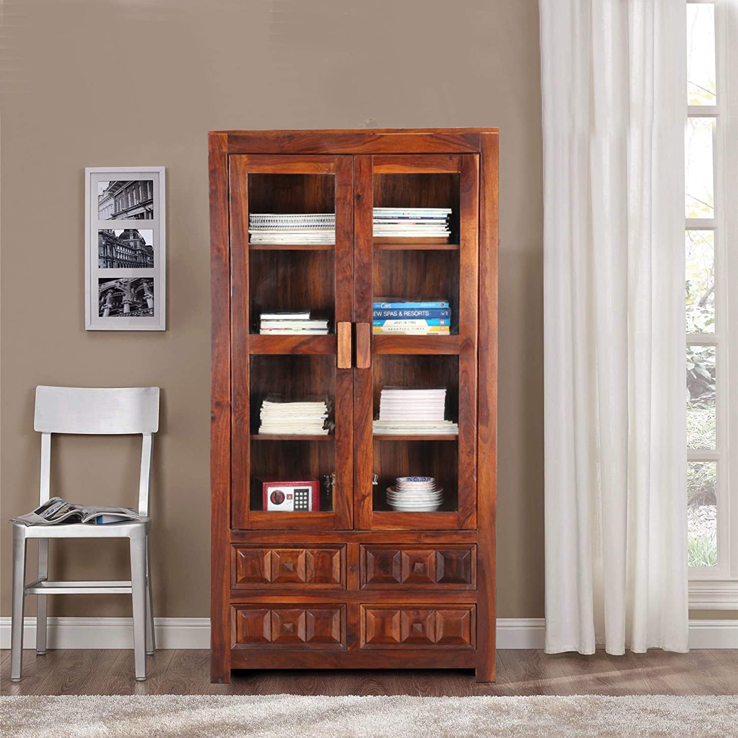 SHREE NATURAL Solid Sheesham Wood Crockery Cabinet with Glass Door for Kitchen | Wooden Showcase Almirah for Bedroom | Book Shelf Crockery Unit for Living Room (Oak Honey)