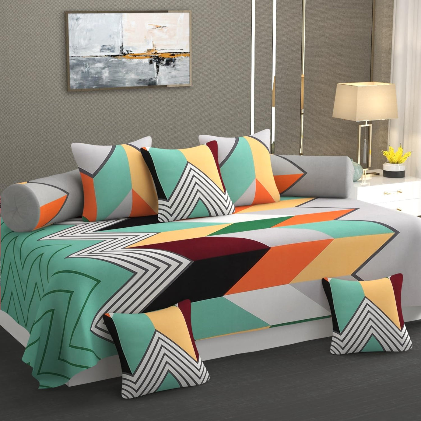 Floral Printed ZIK-ZAG Diwan Set, Sea Green, 8 Pieces including Single Bedsheet, 2 Bolster Covers and 5 Cushion Covers