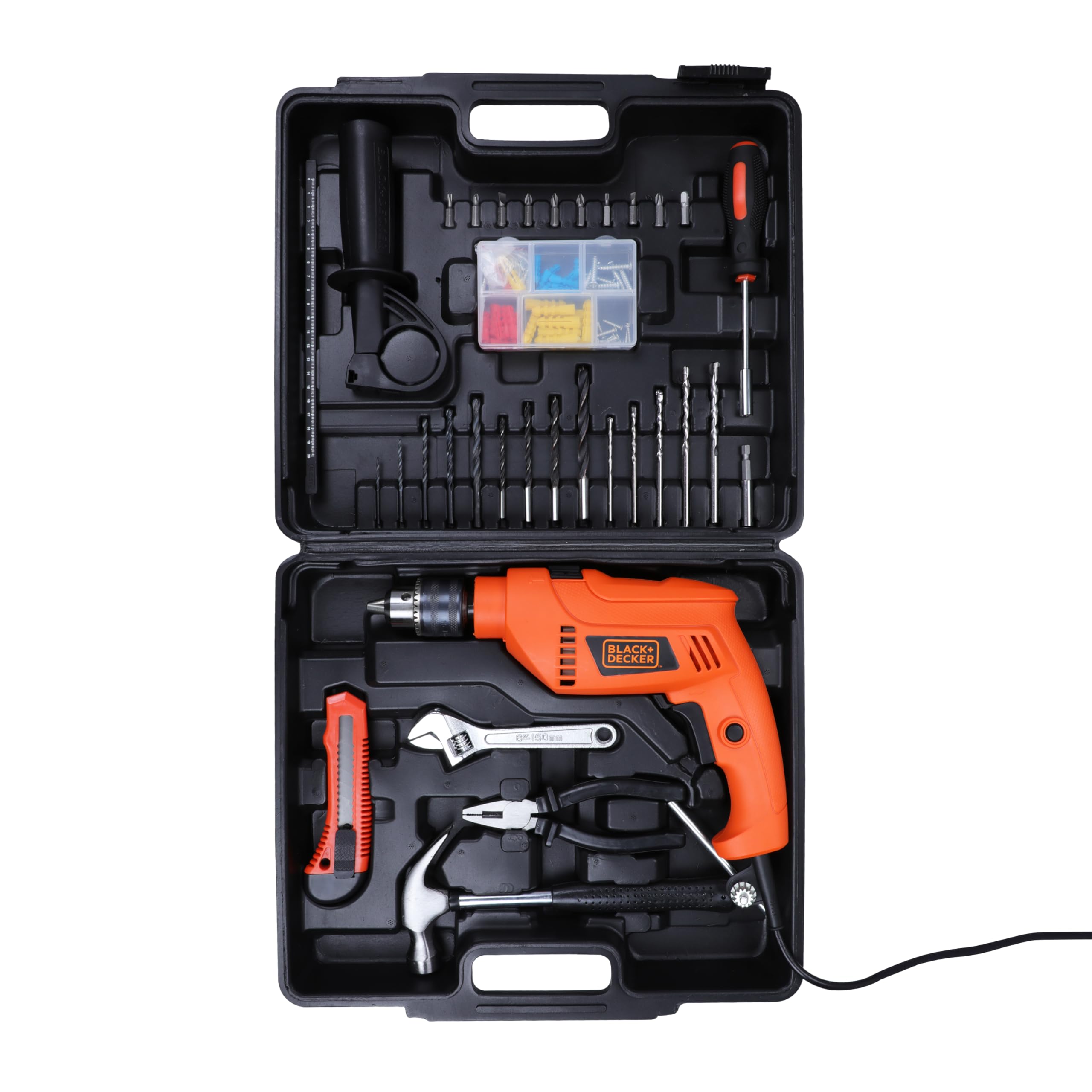 BLACK+DECKER HD555KMPR-B1 13mm 550Watt Hammer Drill and Hand Tools Kit for Home,DIY and Professional use -100 pc