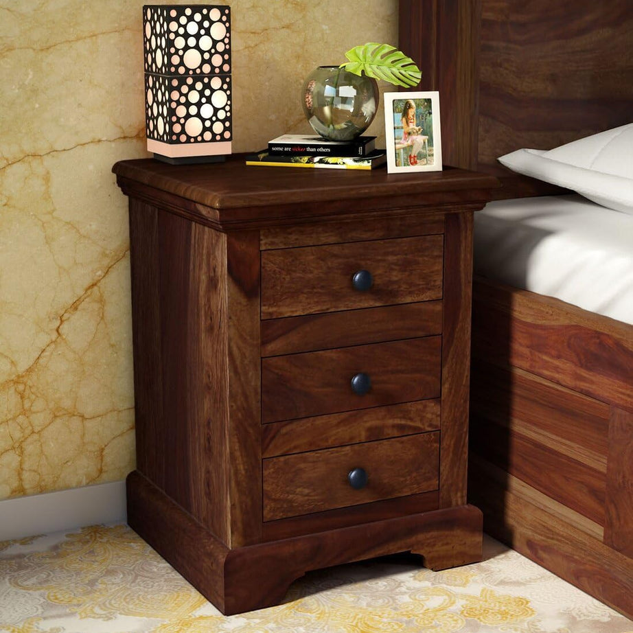 UNITEK Furniture Sheesham Wood Bedside Table Solid Wooden 3 Drawer Storage Bed Side End Tables Night Stand Furniture for Home Living Room Bedroom - Brown