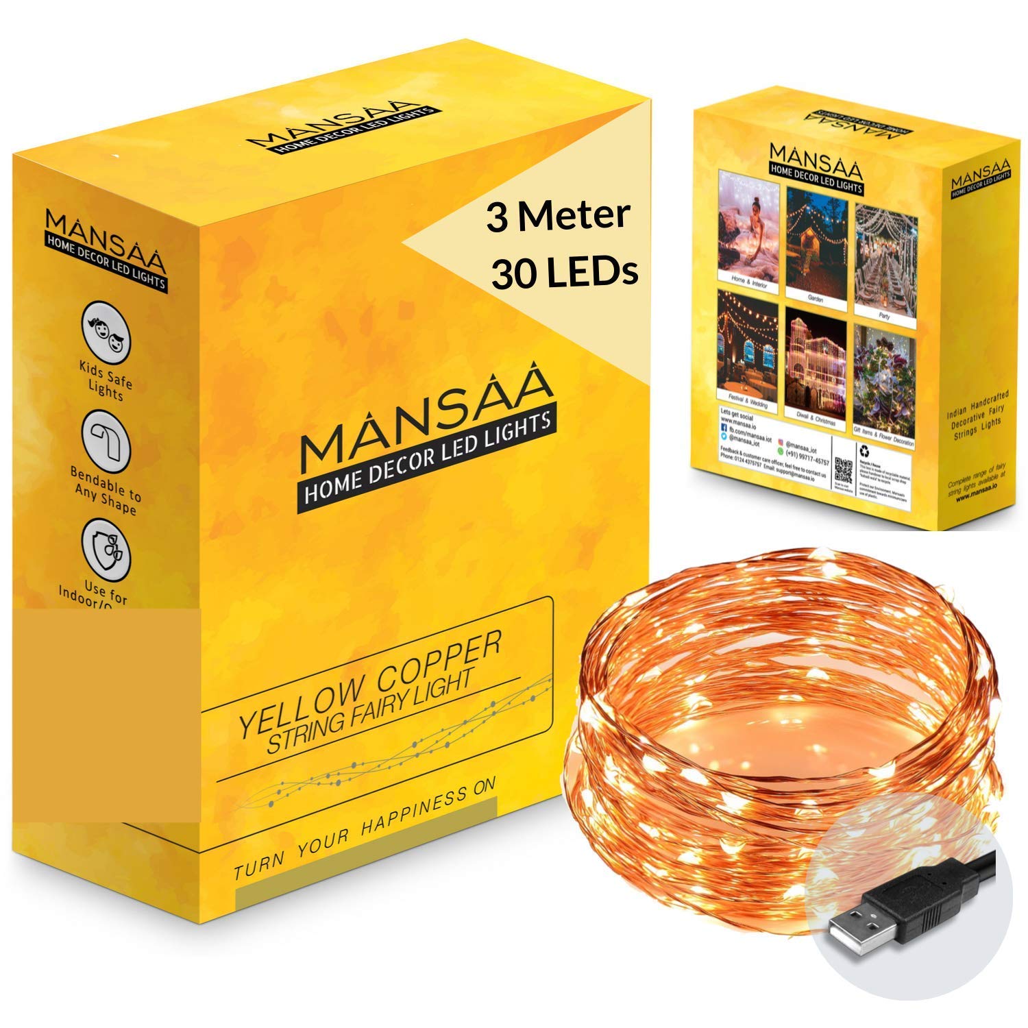 MANSAA Fairy Lights | 18 Months Warranty | 3 Meter, 30 LEDs | Lights for Home Decoration, Led Lights, String Lights for Home Decoration, String Light, USB Operated - M51 (Yellow, Pack of 1)