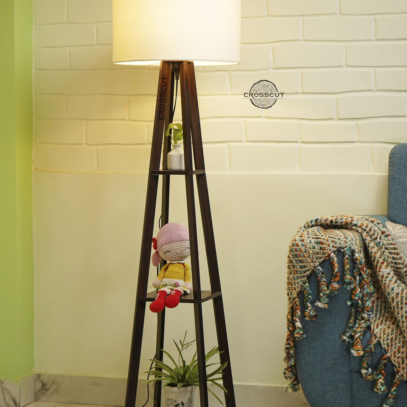 Crosscut Furniture Wooden Floor Lamp with shelves in Dark Finish (Cotton White). LED bulb included