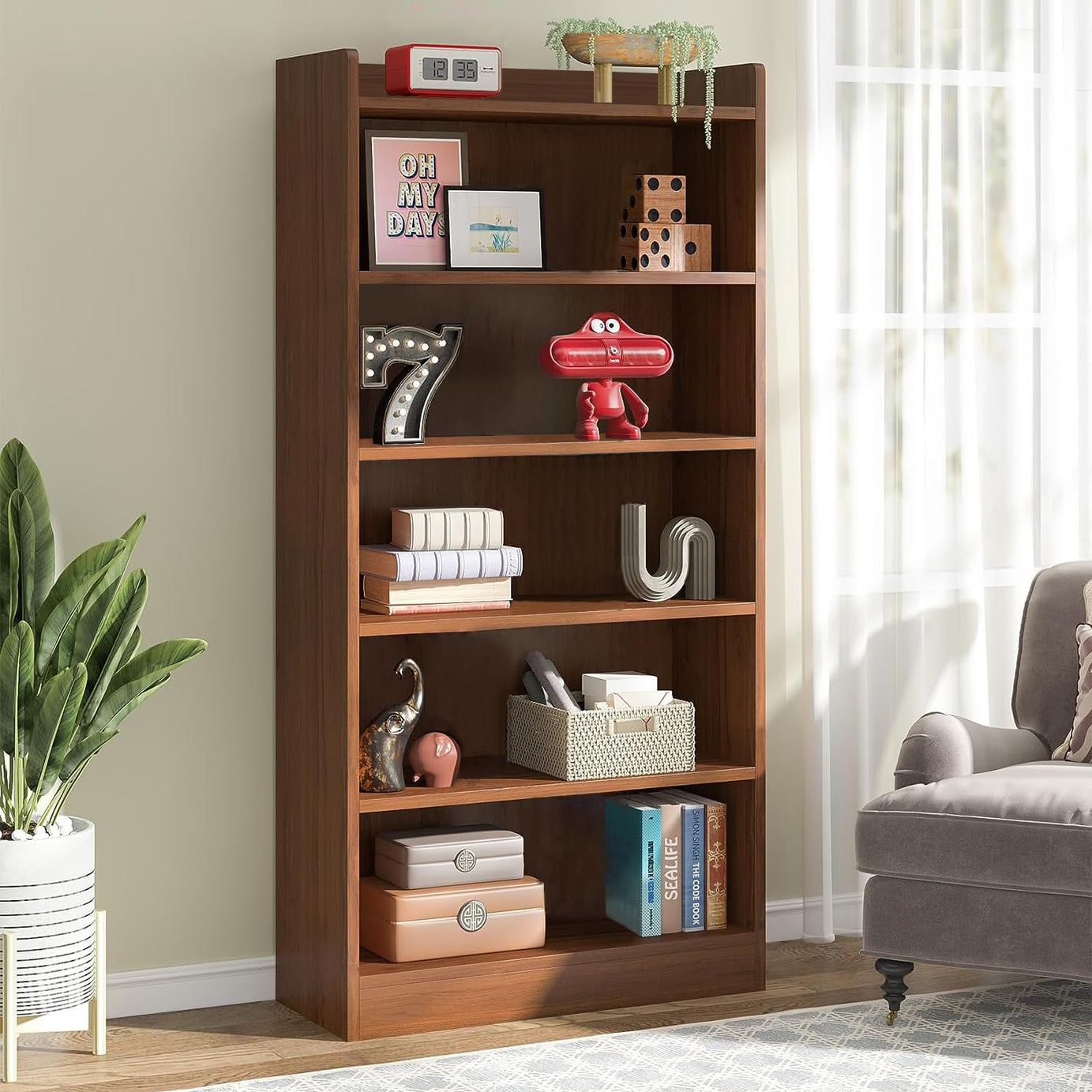 Lukzer Engineered Wood 6 Tier Bookcase Open Book Shelf Storage Cabinet (MR-007 / Brown Oak / 136 x 24 x 71cm) DIY(Do It Yourself)