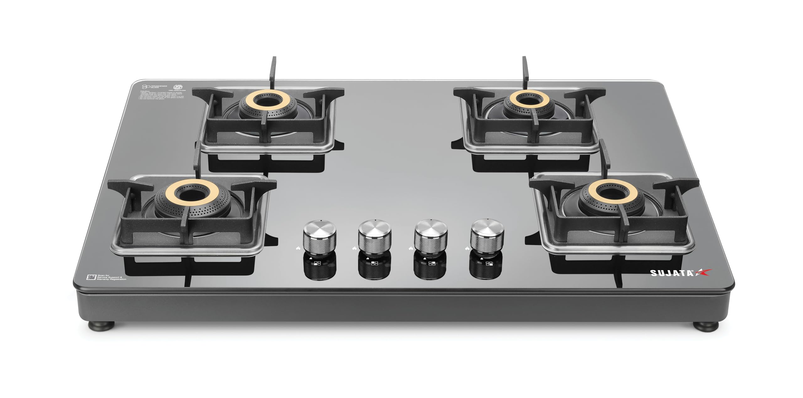 Sujata Gas Stove 4 Burners | 9 Years Warranty | Chulah for Cooking, ISI Certified, 360° Rotating Brass Gas Nozzle, 5G Designed Forged Brass Burner, LPG & PNG Compatible (Glass Top - Premium Black)