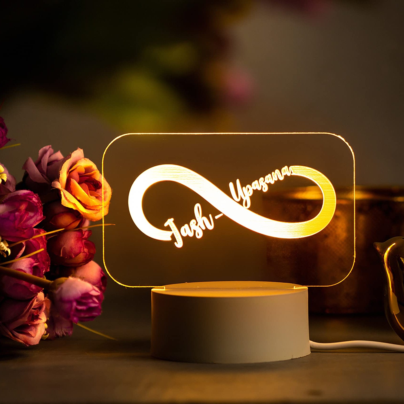 AICA Personalized Couple Name Infinity LED Night Table Lamp | Wedding Marriage Anniversary Gift for Couple Husband Wife (White Base)