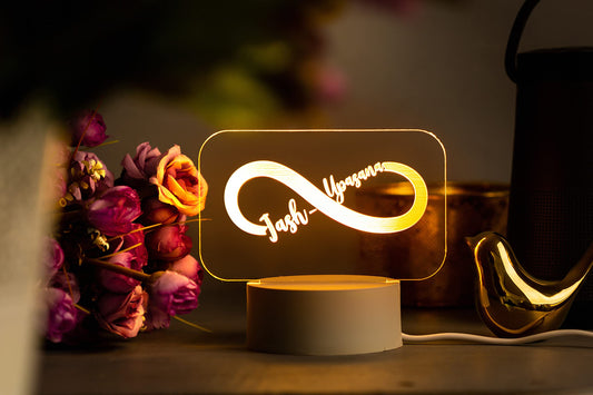 AICA Personalized Couple Name Infinity LED Night Table Lamp | Wedding Marriage Anniversary Gift for Couple Husband Wife (White Base)