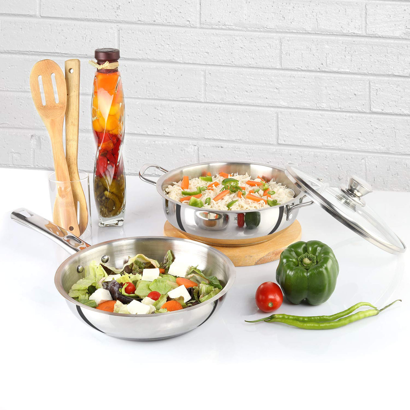 CELLO Steelox Induction Compatible Stainless Steel Fry Pan & Kadai with Glass Lid 22 cm/2Ltrs (3 pcs Set)