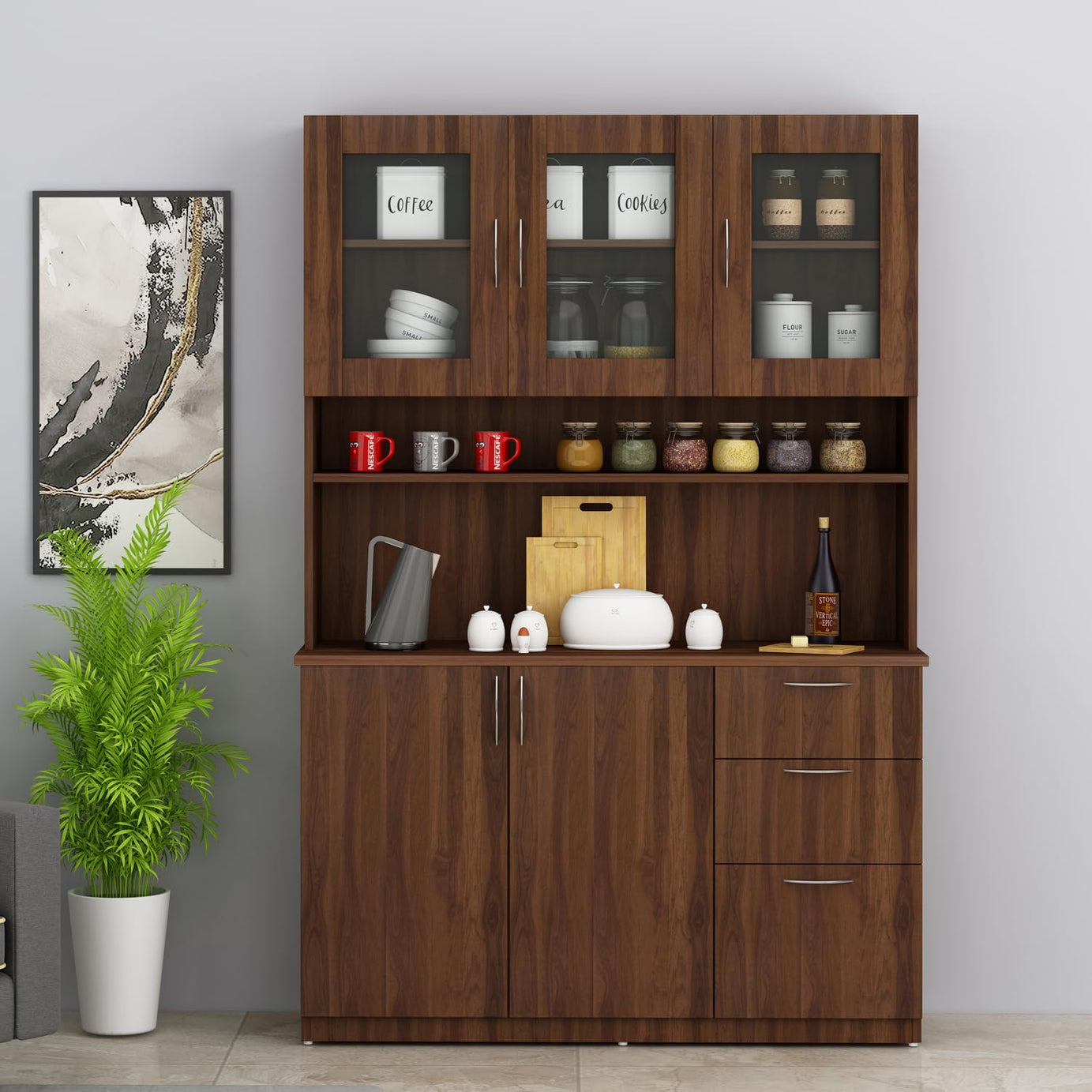 Woodbuzz | Modish 3 Door Crockery Unit | Walnut