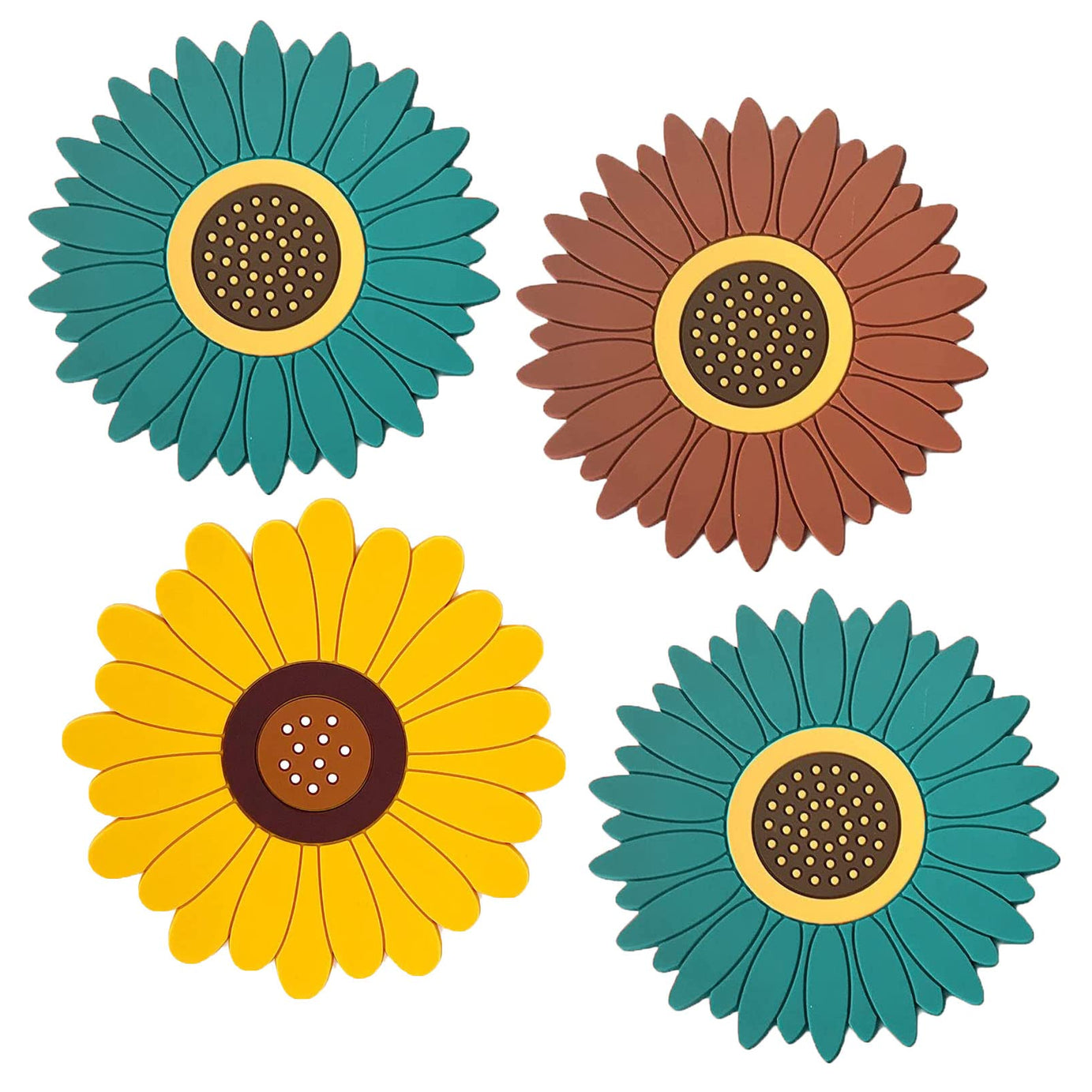 WOODTULA Silicone Trivet Mat - Sunflower Hot Pot Holder Pads - Coasters for Kitchen - Placemat for Hot Dishes - Hot Pads for Table (Set of 4, Big, Multi)