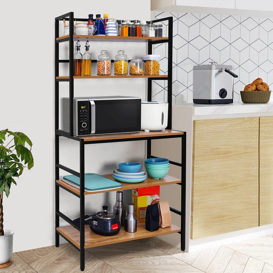 ABOUT SPACE 5 Tier Kitchen Rack (5.5 Ft) - Engineered Wood Floor Standing Storage Shelf with Sturdy Metal Frame for Living Room, Study Room Multipurpose Baker’s Rack L 2.5 x B 1.2 Ft - Wood Colour