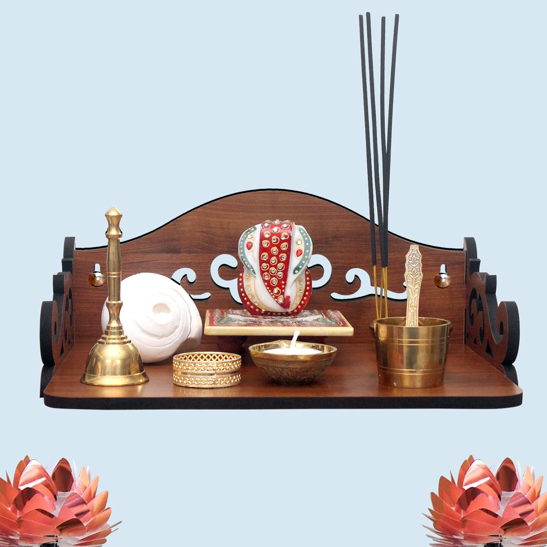 Cosmic String Enterprise LLP Beautiful Wooden Pooja Stand/Mandir/Temple For Home And Office/Puja Mandir For Home And Office Wall/ Product (Height- 5, Length- 12, Width-9 Inch) (Golden Teak))