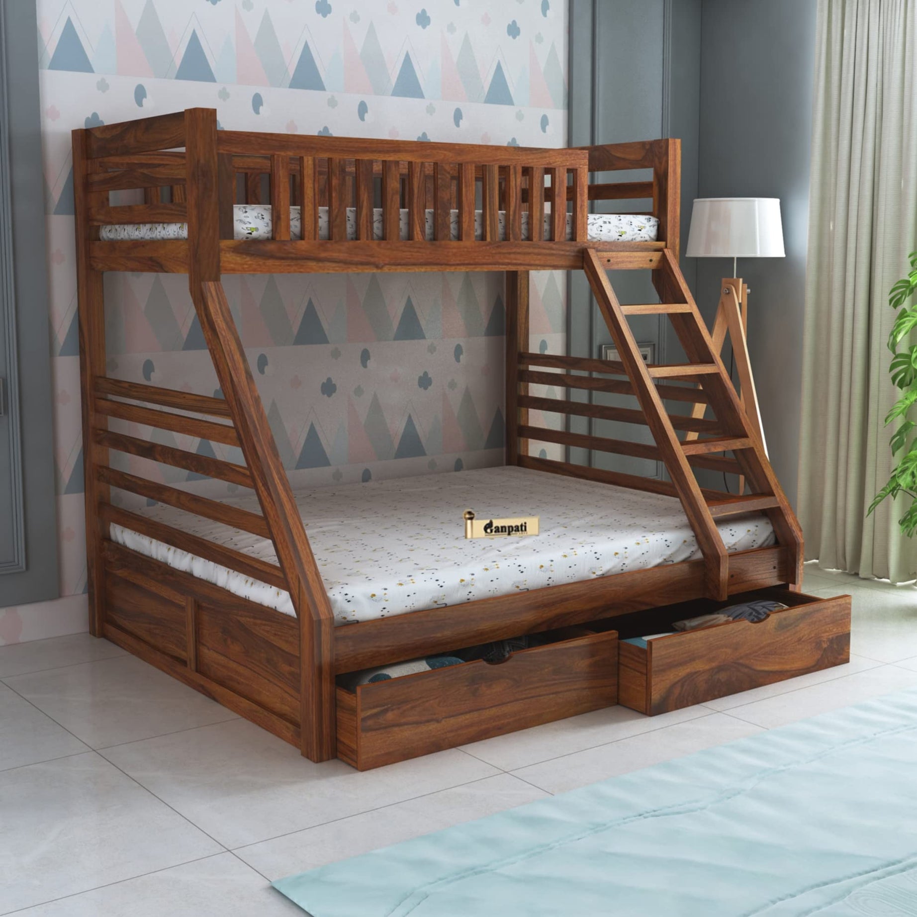 Ganpati Arts Sheesham Wood Italian Bunk Bed Twin Over Bed with Ladder Wooden Bunk Bed with 2 Drawer Storage for Bedroom Living Room and Home (Natural Finish) 1 Year Warranty