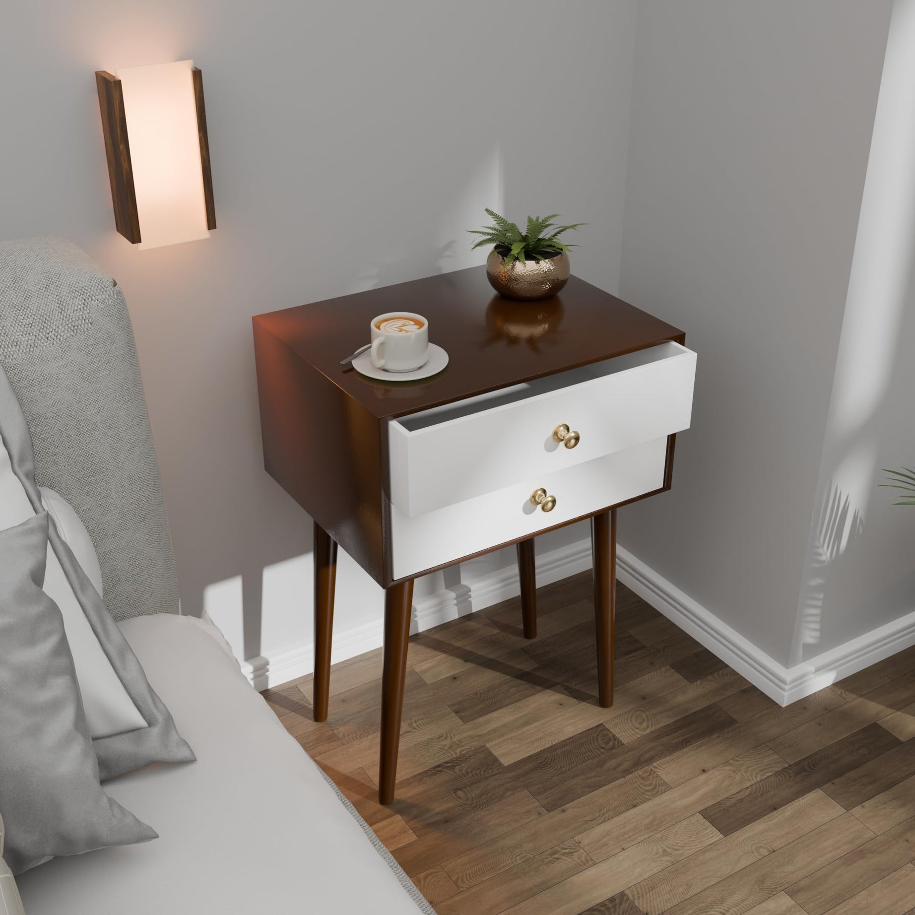 ETIQUETTE ART Modern Bedside Table with Solid Wood Legs Minimalist and Practical Bedside Table End Side Table with 2 Drawer Storage for Bedroom & Living Room (Brown & White)