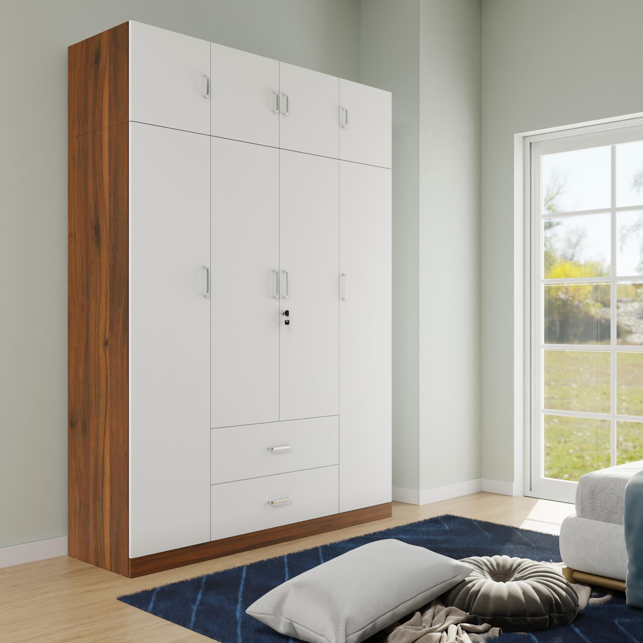 VIKI Wardrobe | Wooden Almirah for Clothes,Door for Bedroom with Loft, 4 Door Wardrobe with Drawer & Hanging Space (Brussel Walnut with Frosty White - 40D x 160W x 180H) | 1 Year Warranty