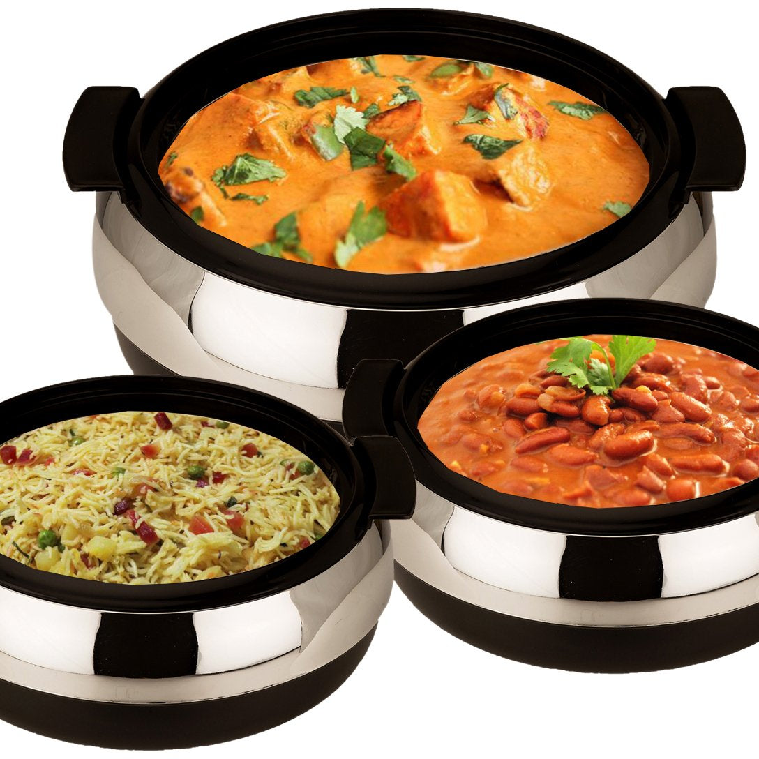 Jaypee Glasserol Serving Set Black Casserole Set of 3 Casserole Stainless Steel Serving Bowl with Glass Lid Microwave Safe (800+1200+1700 ml) Insulated Steel Hot Box for Serve Chapatti, Roti