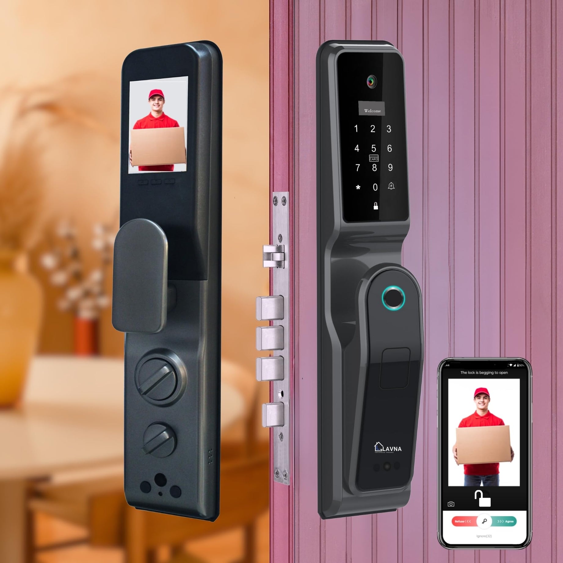 LAVNA Smart Camera Door Lock with Fingerprint, Bluetooth + WiFi, Mobile App, OTP, PIN, RFID Card and Manual Key Access for Wooden Doors (LA44 Camera + Wifi + Bluetooth)