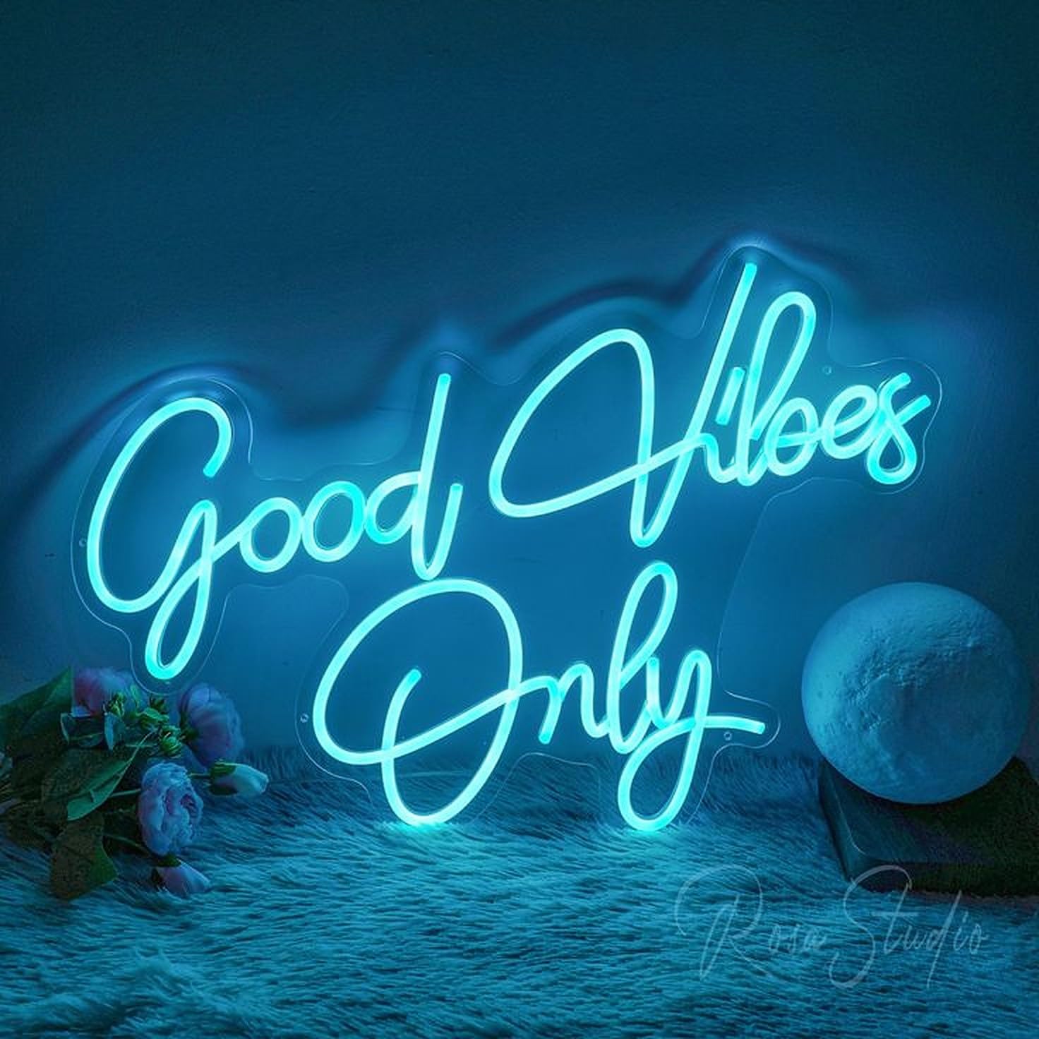 Zorange Good Vibes Only Neon Light Sign for Wall Hanging Home Bedroom Decor Cafe Restaurant Party House Pub Bar Decoration LED Lights (18X12 INCH) (Ice Blue))