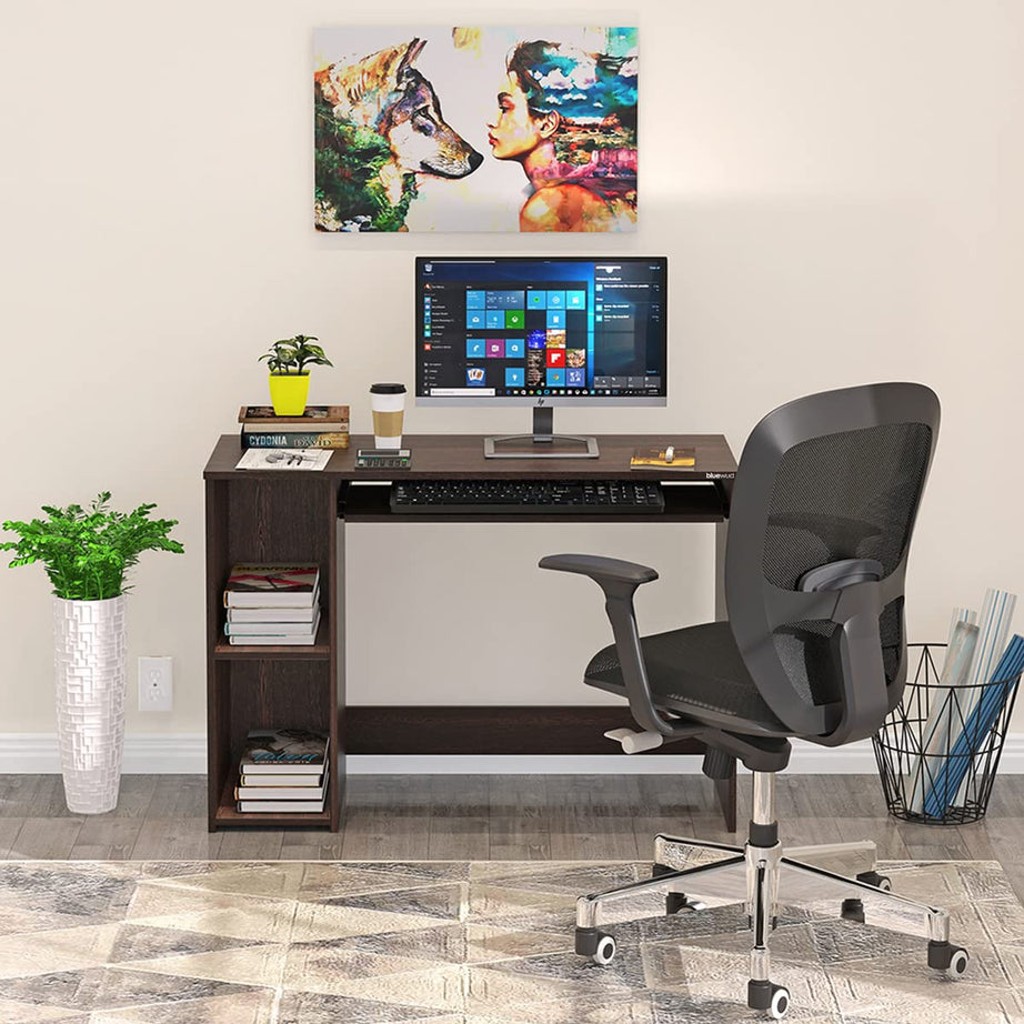 BLUEWUD Mallium Engineered Wood Study and Computer Laptop Table for Home or Office, WFH Desk with Keyboard Slider Storage Shelves for Adults Kids Students (Wenge)