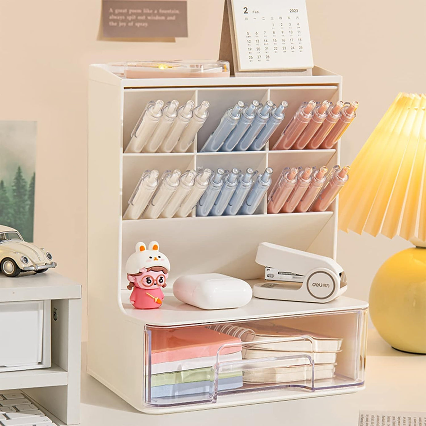 Home Cube Desk Organizer With Drawer Desktop Office Stationery Storage Box Desk Accessories Mobile Holder Table Organiser Study Table Desk Organizer (White) - Plastic