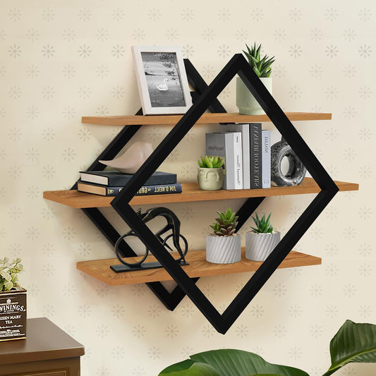 ABOUT SPACE 3 Tier Wall Shelf with Diamond Shape Metal Frame Engineered Wood Multipurpose DIY Storage Organizer Display Rack Showcase for Living Room, Bedroom, Kitchen, Kids Room, Office (Wood Color)