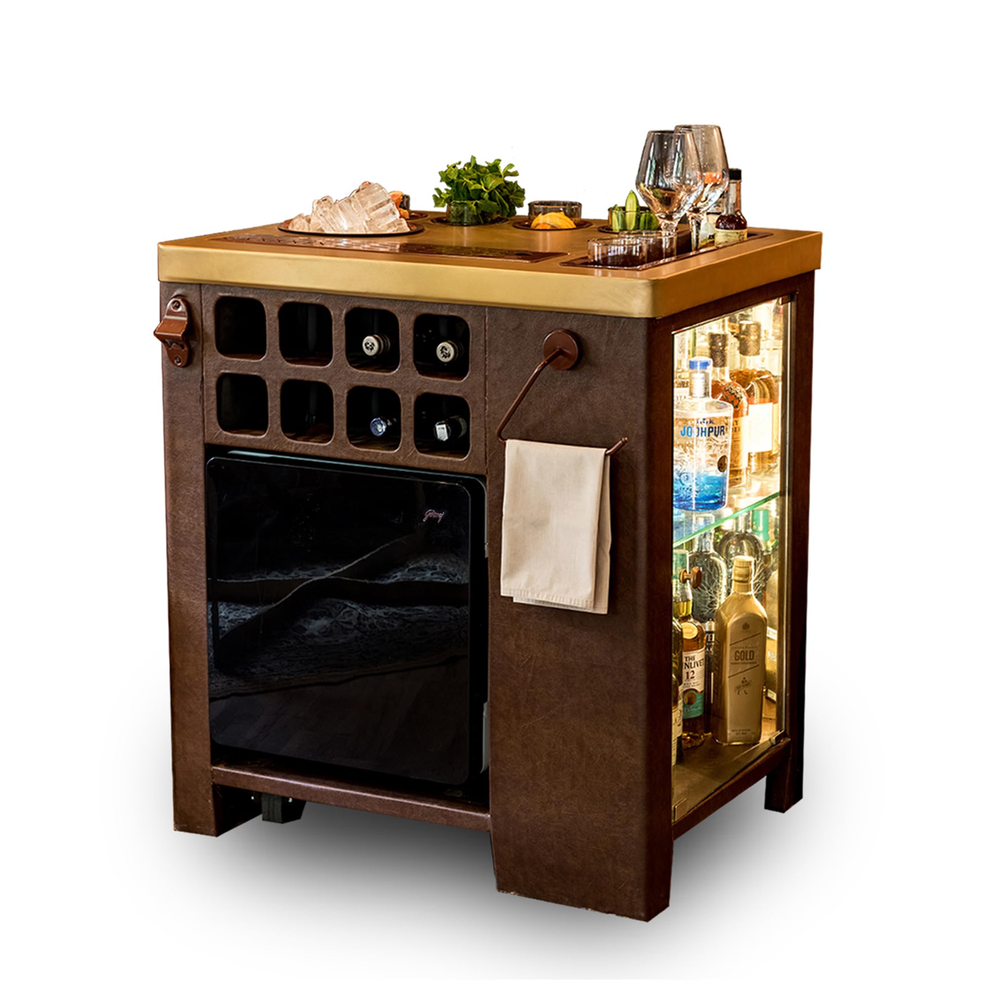 HAUS OF BARS by SpeedX - Alloy Steel Model X Home Bar Cabinet Leather & Matt Gold Finish with Built in 30L Thermoelectric Fridge (Easily Movable with Wheels at The Bottom)