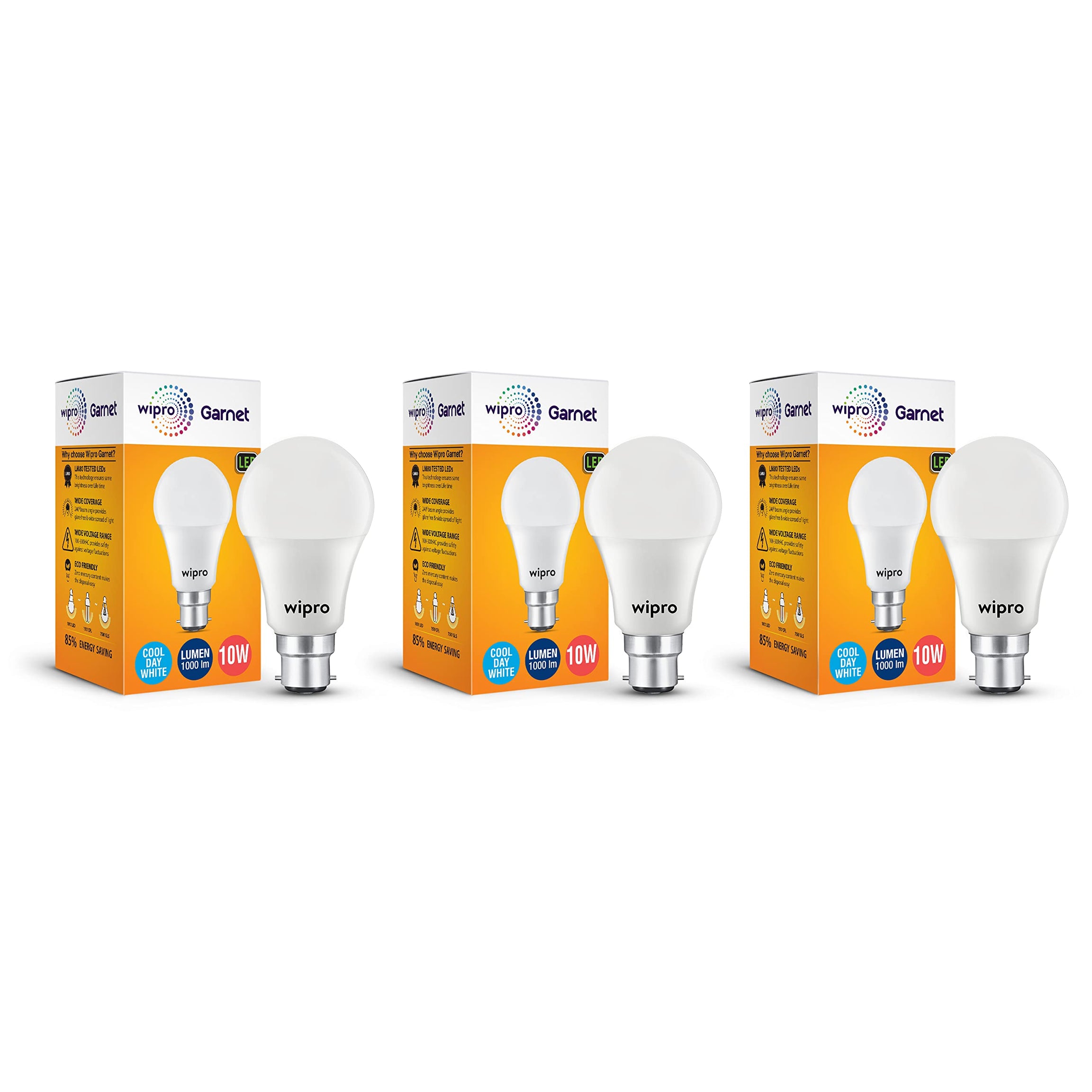 Wipro Garnet 10W LED Bulb for Home & Office |Cool Day White (6500K) | B22 Base|220 degree Light coverage |4Kv Surge Protection |400V High Voltage Protection |Energy Efficient | Pack of 3