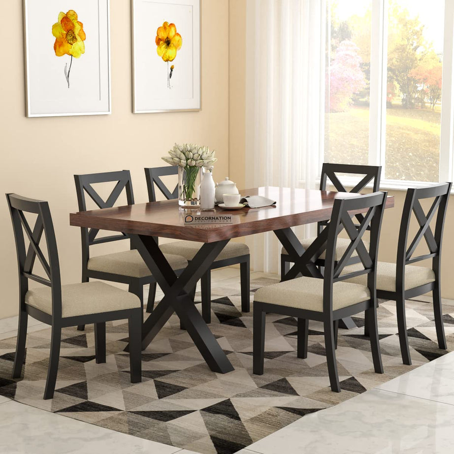 DecorNation Ion Wooden 6 Seater Dining Room Set for Home, Living Room- Solid Sheesham Wood Dining Table (60 x 36 Inches) with Six Cushioned Chairs