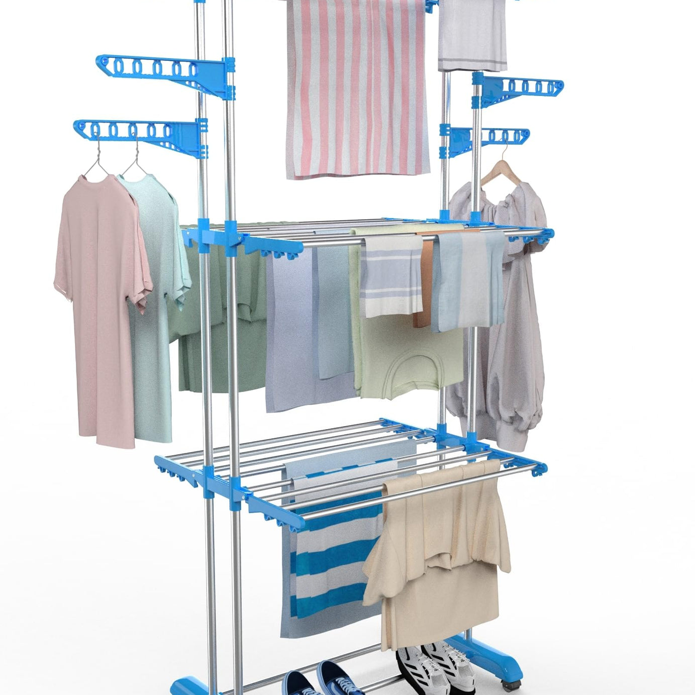 H Houseware Premium Heavy Duty Stainless Steel Foldable Cloth Drying Stand/Clothes Stand for Drying/Cloth Stand/Clothes Dryer/Laundry Racks with Wheels(Arctic Blue)