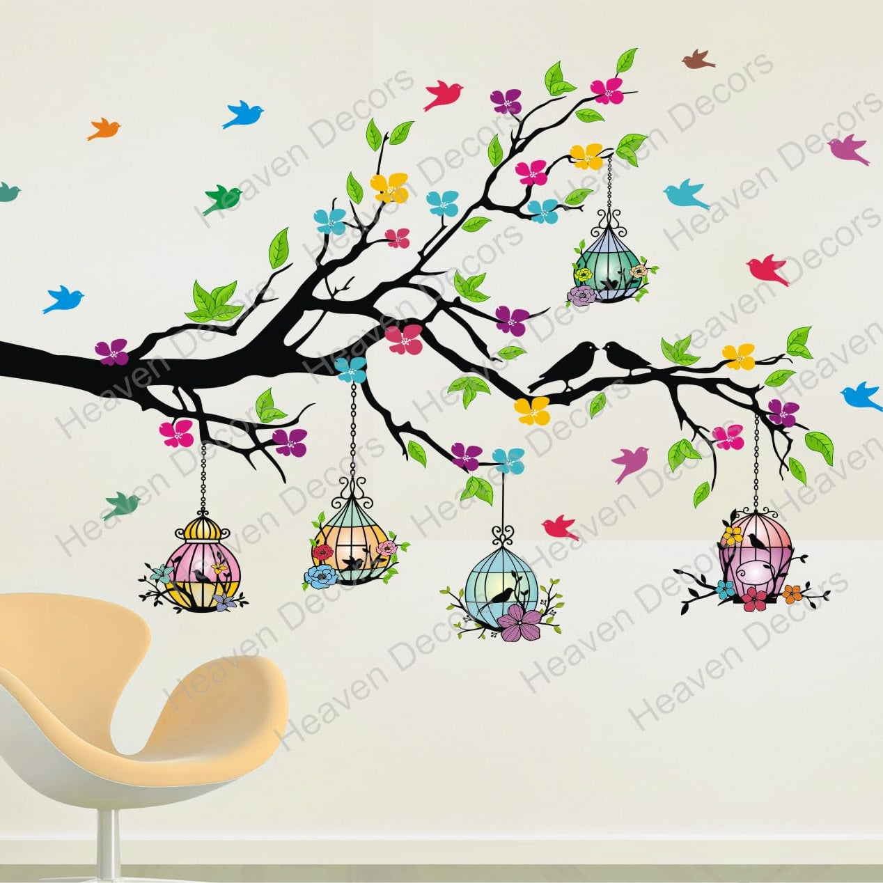 Heaven Decors Natural Tree with Birdcage and Birds Flying Wall Sticker (ideal size on wall: 127 cm x 80 cm),Multicolour