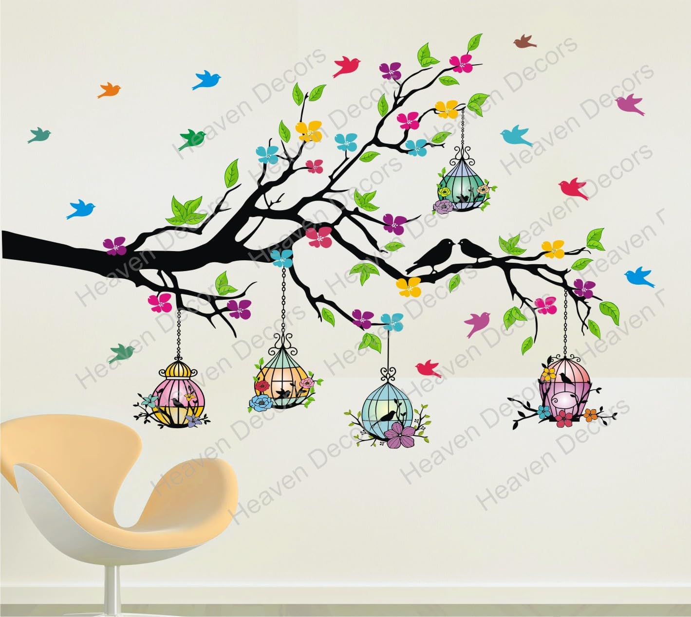 Heaven Decors Natural Tree with Birdcage and Birds Flying Wall Sticker (ideal size on wall: 127 cm x 80 cm),Multicolour