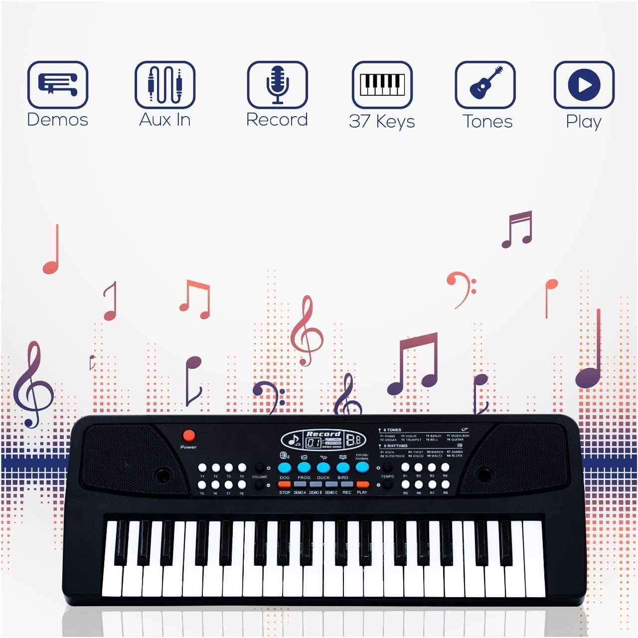 VEBETO Kids Piano with Mic (1 Year Extended Warranty) 37 Keys 8 Rhythms 8 Tones 6 Demos Portable Electronic Keyboard Toy Beginners Educational Songs Recording Musical Toys Age 3 to 5 Years Boys Girls